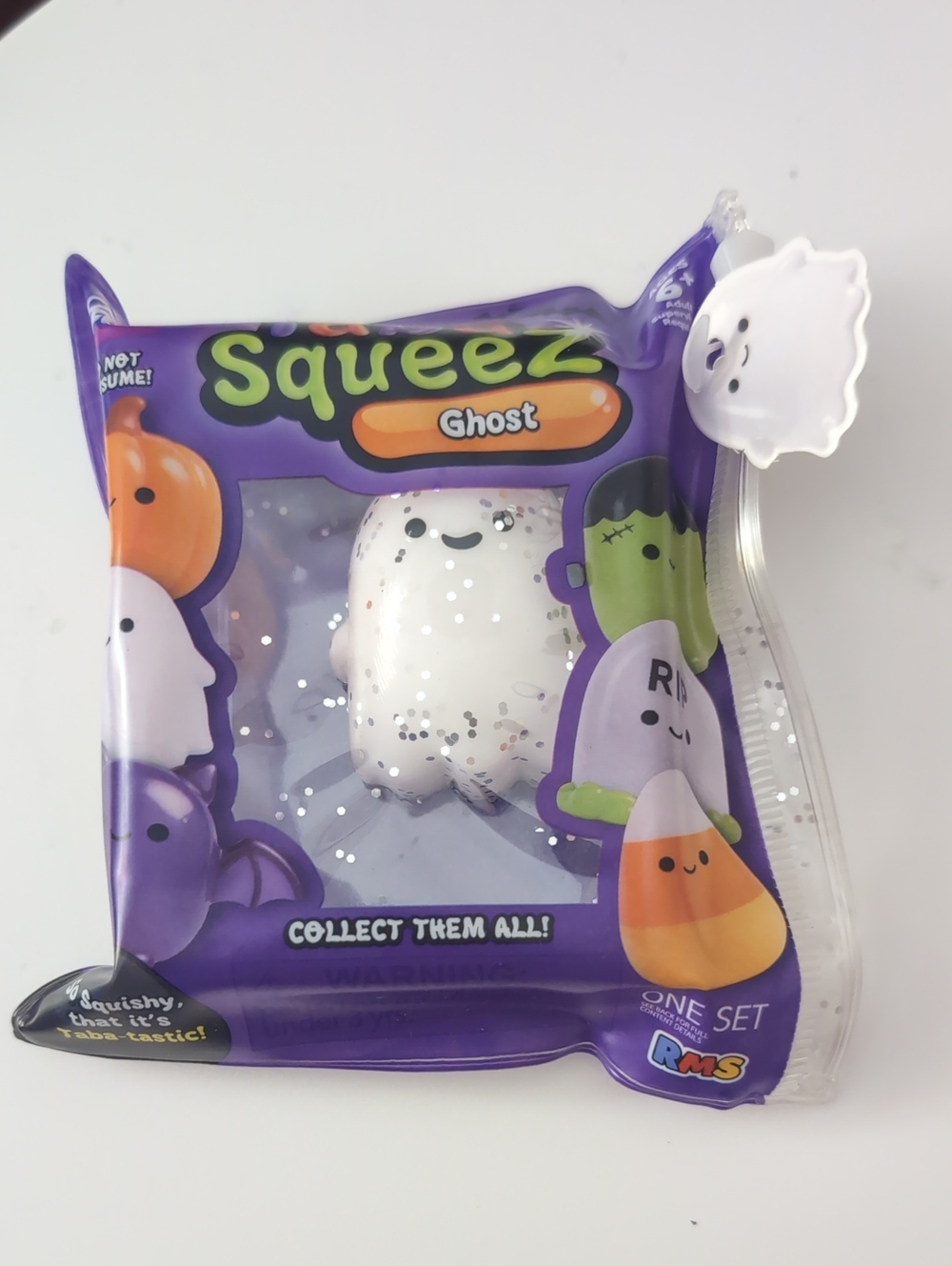 Squeeze Ghost Squishy Toy - White with Silver Glitter